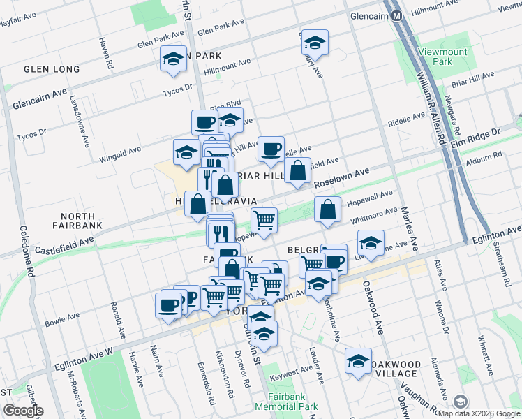 map of restaurants, bars, coffee shops, grocery stores, and more near 10 Salinas Court in Toronto