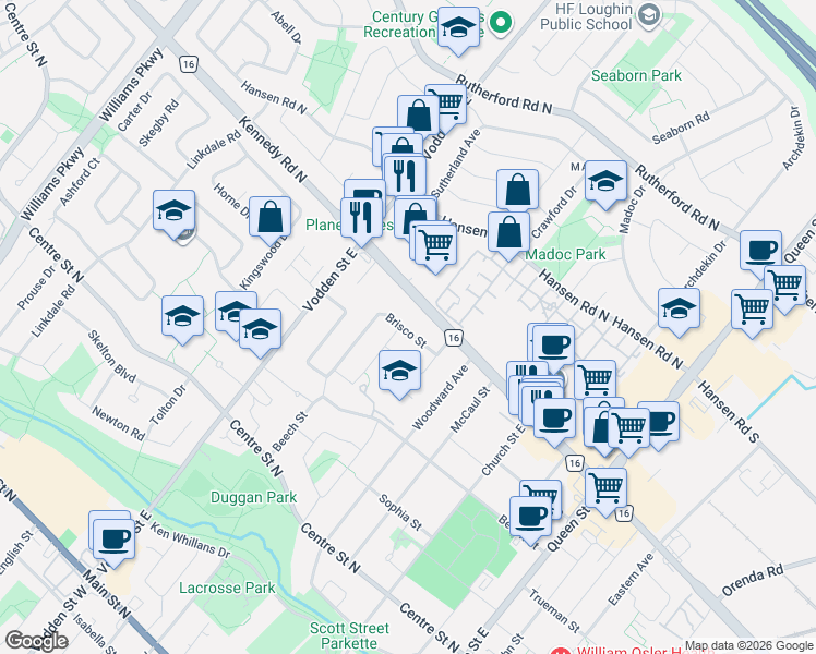 map of restaurants, bars, coffee shops, grocery stores, and more near 16 Brisco Street in Brampton