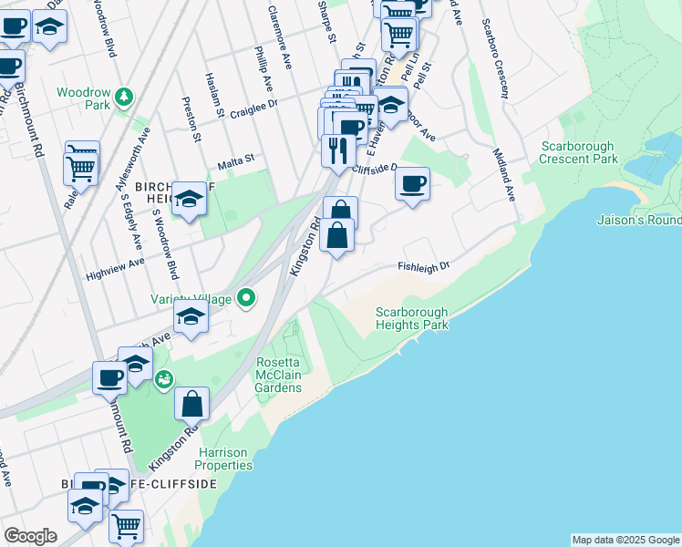map of restaurants, bars, coffee shops, grocery stores, and more near 25 Glen Everest Road in Toronto