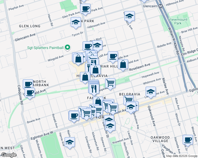 map of restaurants, bars, coffee shops, grocery stores, and more near 130 Roselawn Avenue in Toronto