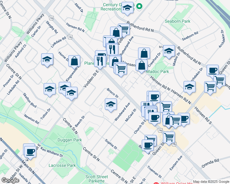map of restaurants, bars, coffee shops, grocery stores, and more near 5 Brisco Street in Brampton