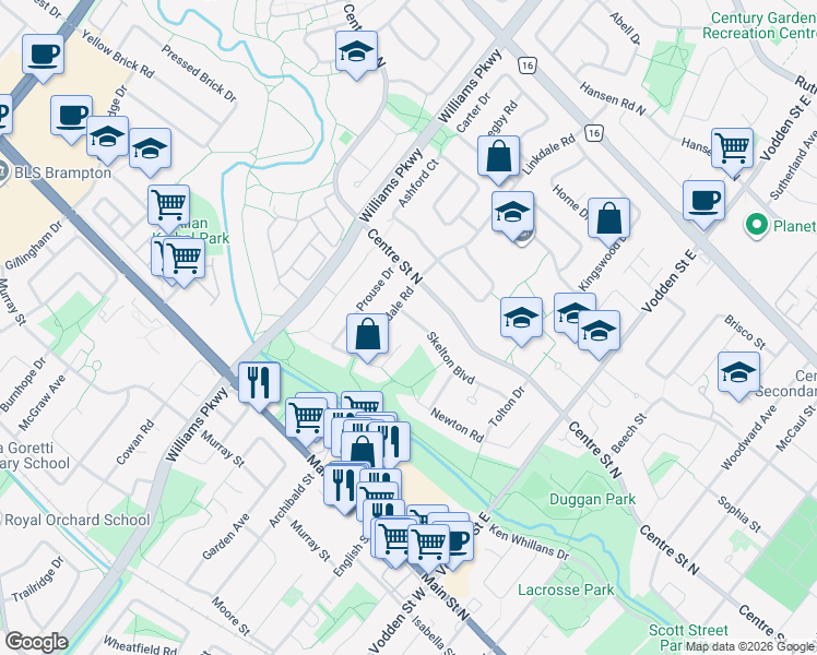 map of restaurants, bars, coffee shops, grocery stores, and more near 69 Skelton Boulevard in Brampton