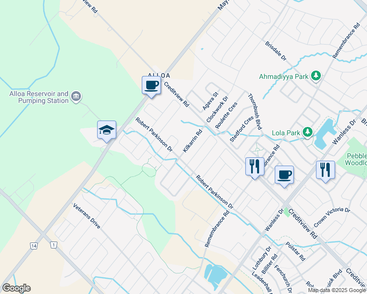 map of restaurants, bars, coffee shops, grocery stores, and more near 354 Robert Parkinson Drive in Brampton
