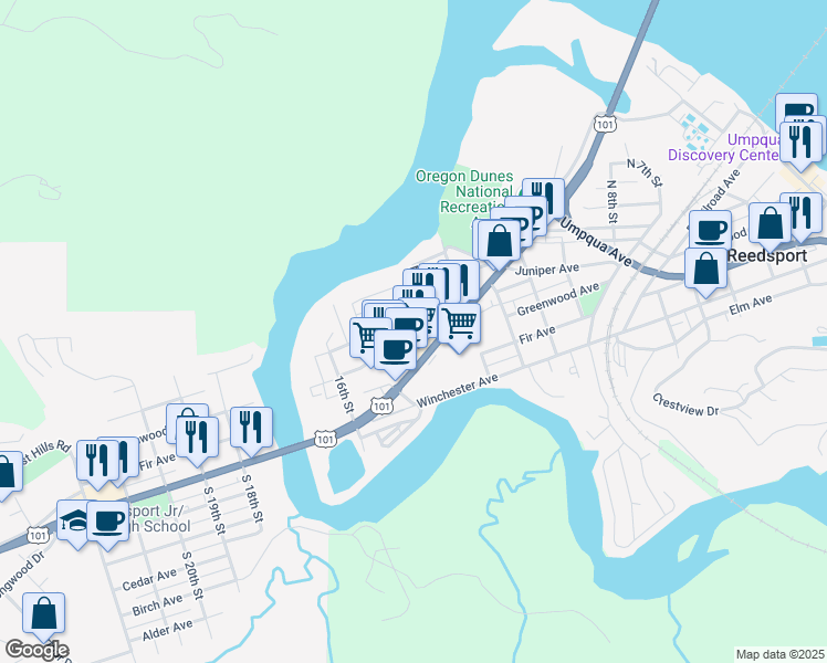 map of restaurants, bars, coffee shops, grocery stores, and more near 1399 Oregon Coast Highway in Reedsport