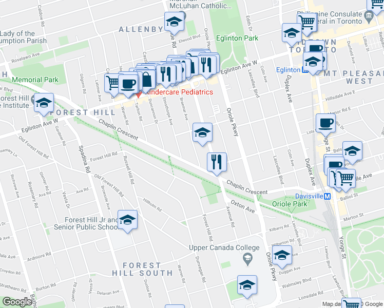 map of restaurants, bars, coffee shops, grocery stores, and more near in Toronto