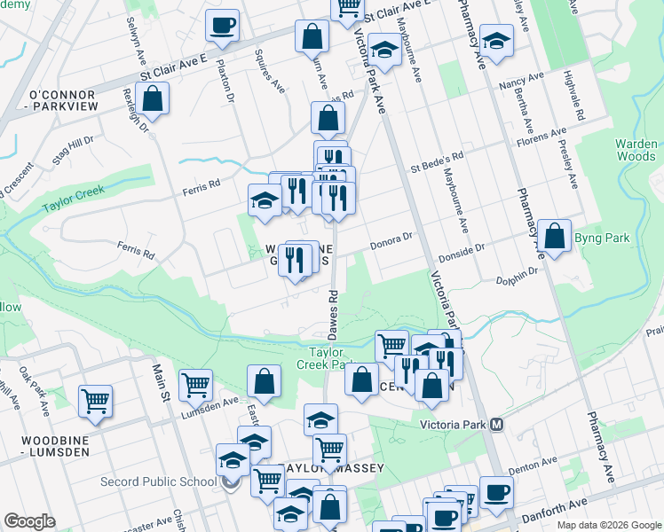 map of restaurants, bars, coffee shops, grocery stores, and more near 65 Halsey Avenue in Toronto