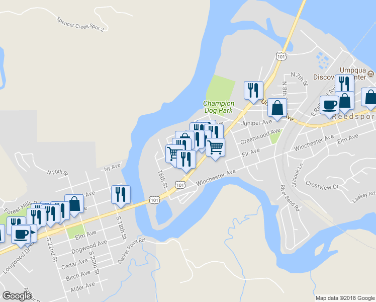 map of restaurants, bars, coffee shops, grocery stores, and more near 371 North 14th Street in Reedsport