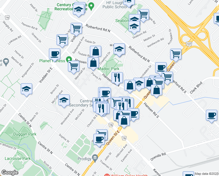 map of restaurants, bars, coffee shops, grocery stores, and more near 83 Fisher Terrace in Brampton