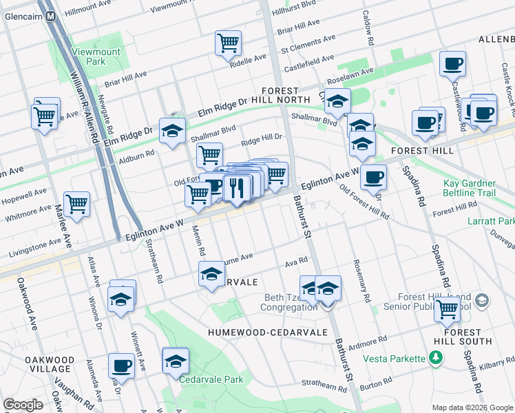 map of restaurants, bars, coffee shops, grocery stores, and more near 170 Chiltern Hill Road in Toronto