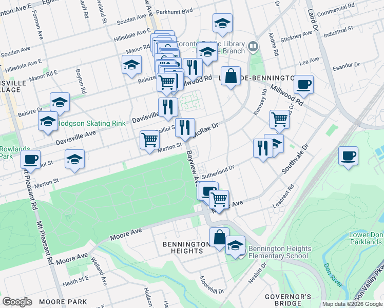 map of restaurants, bars, coffee shops, grocery stores, and more near 1365 Bayview Avenue in Toronto