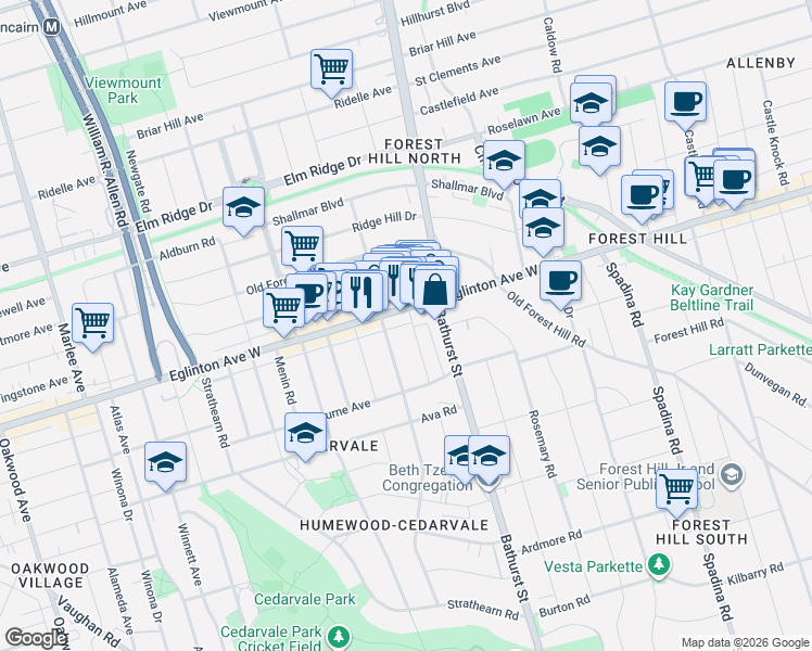 map of restaurants, bars, coffee shops, grocery stores, and more near 40 Peveril Hill North in Toronto