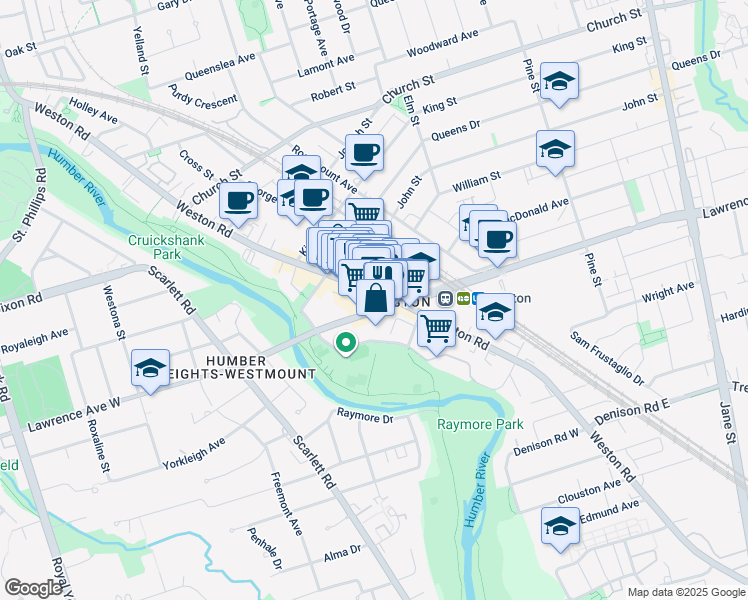 map of restaurants, bars, coffee shops, grocery stores, and more near 1920 Weston Road in Toronto