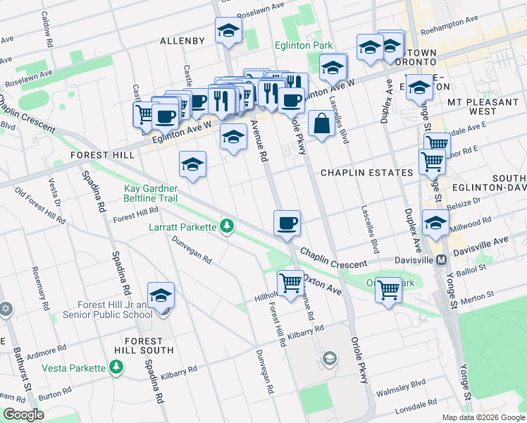 map of restaurants, bars, coffee shops, grocery stores, and more near 25 Braemar Avenue in Toronto