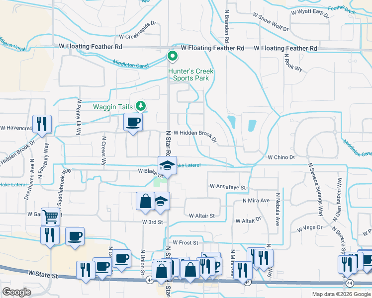 map of restaurants, bars, coffee shops, grocery stores, and more near 11121 West Box Canyon Court in Star