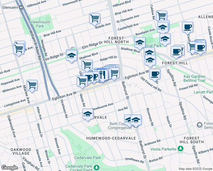 map of restaurants, bars, coffee shops, grocery stores, and more near 182 Chiltern Hill Road in Toronto