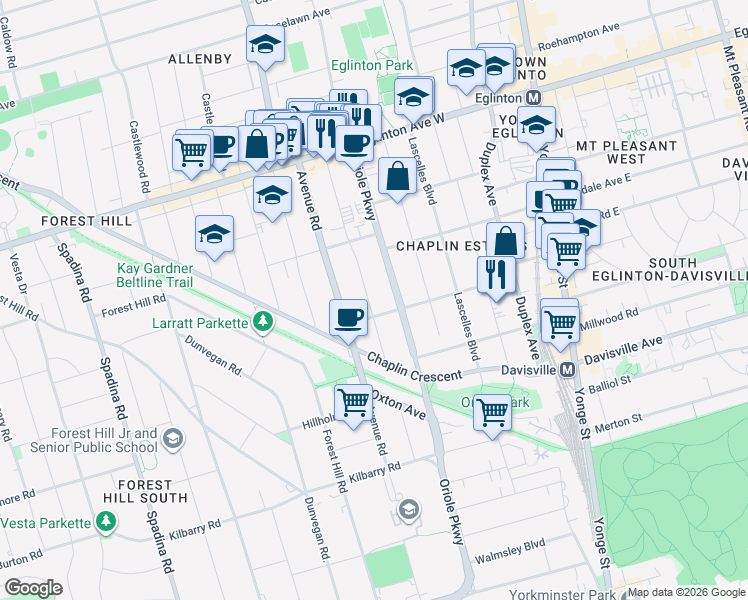 map of restaurants, bars, coffee shops, grocery stores, and more near in Toronto