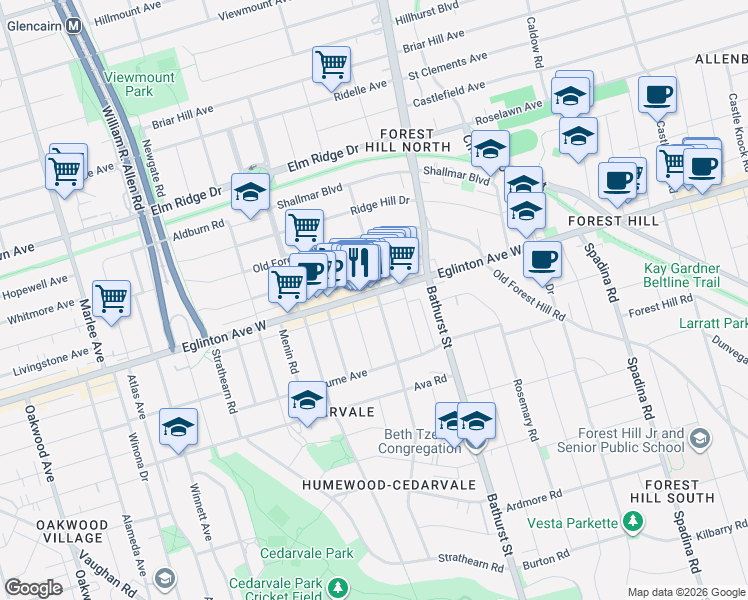 map of restaurants, bars, coffee shops, grocery stores, and more near 170 Chiltern Hill Road in Toronto