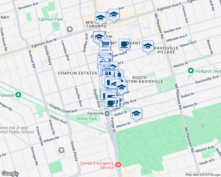 map of restaurants, bars, coffee shops, grocery stores, and more near 5 Glebe Road East in Toronto