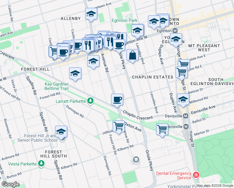 map of restaurants, bars, coffee shops, grocery stores, and more near in Toronto