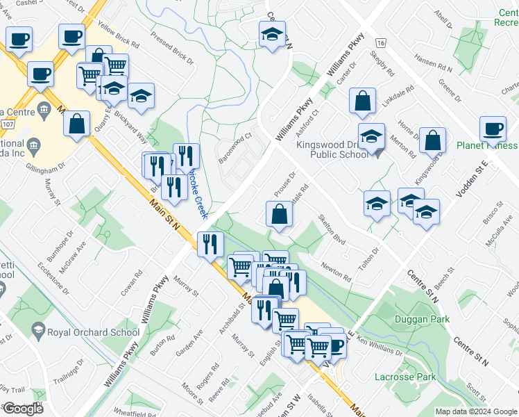 map of restaurants, bars, coffee shops, grocery stores, and more near 60 Prouse Drive in Brampton