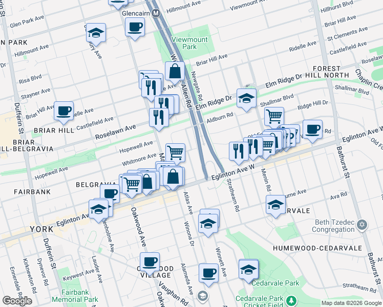 map of restaurants, bars, coffee shops, grocery stores, and more near 115 Whitmore Avenue in Toronto