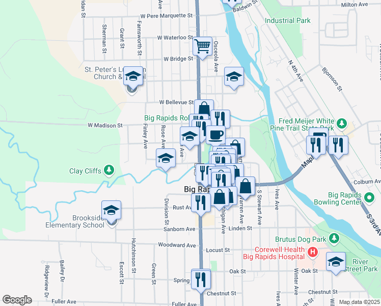 map of restaurants, bars, coffee shops, grocery stores, and more near 215 North State Street in Big Rapids