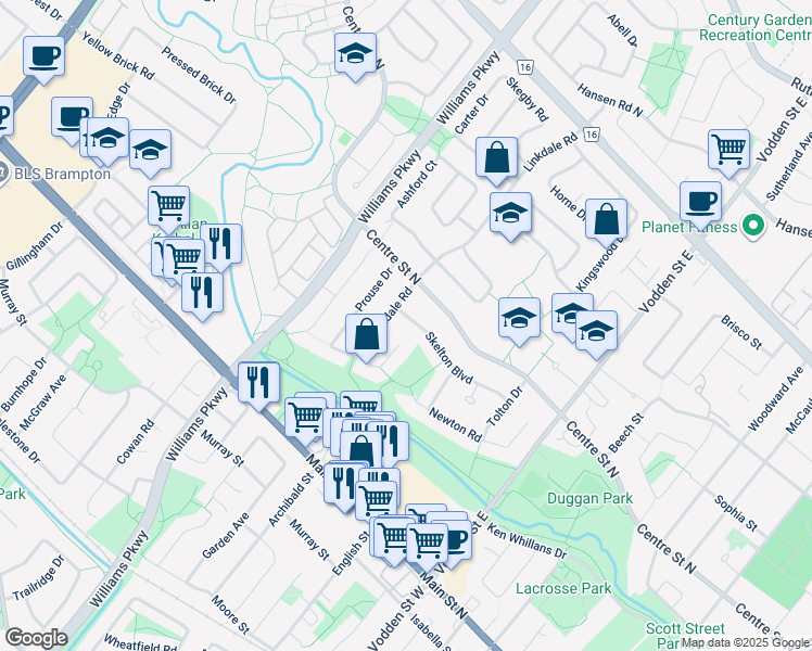 map of restaurants, bars, coffee shops, grocery stores, and more near 71 Skelton Boulevard in Brampton