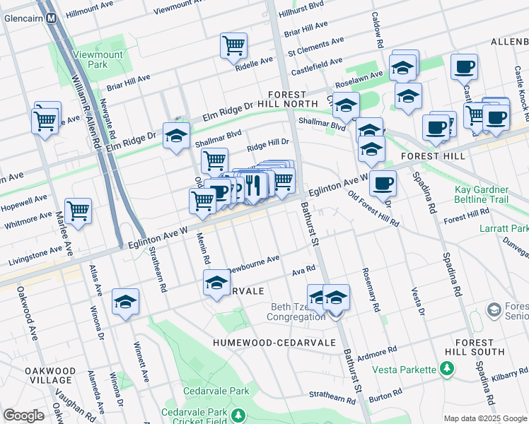 map of restaurants, bars, coffee shops, grocery stores, and more near 170 Chiltern Hill Road in Toronto