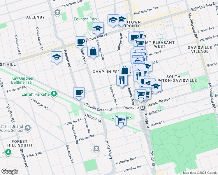 map of restaurants, bars, coffee shops, grocery stores, and more near 58 Lascelles Boulevard in Toronto