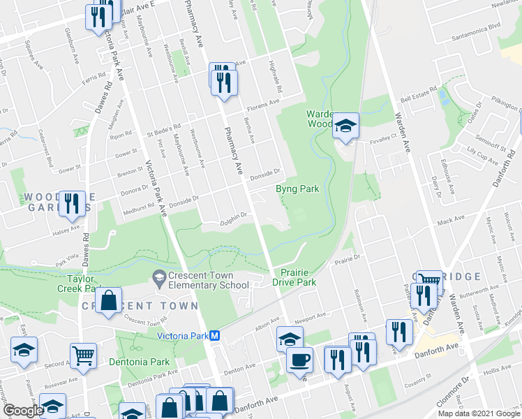 map of restaurants, bars, coffee shops, grocery stores, and more near 273 Pharmacy Avenue in Toronto