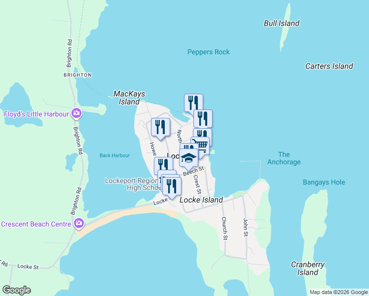 map of restaurants, bars, coffee shops, grocery stores, and more near 36 North Street in Lockeport