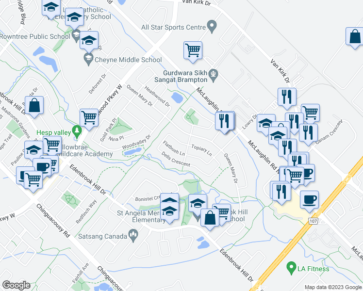 map of restaurants, bars, coffee shops, grocery stores, and more near 99 Dells Crescent in Brampton
