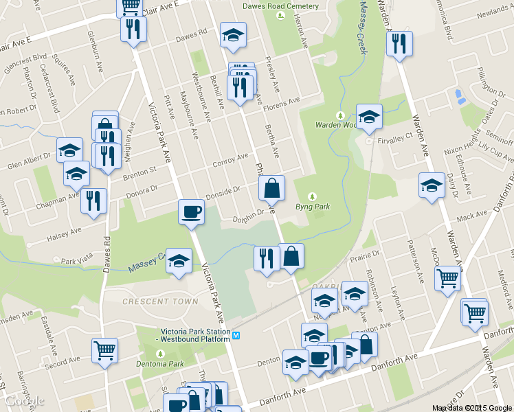 map of restaurants, bars, coffee shops, grocery stores, and more near in Toronto