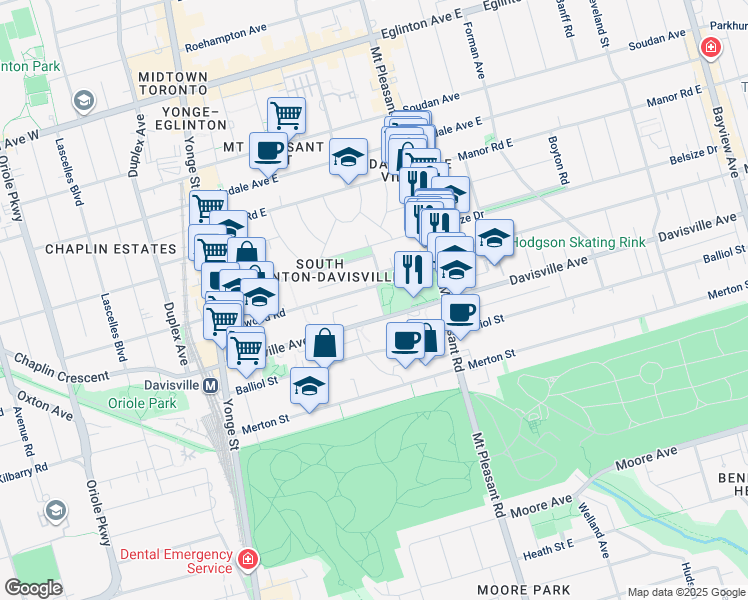 map of restaurants, bars, coffee shops, grocery stores, and more near in Toronto