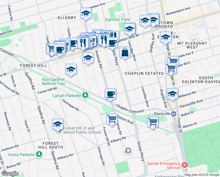 map of restaurants, bars, coffee shops, grocery stores, and more near in Toronto