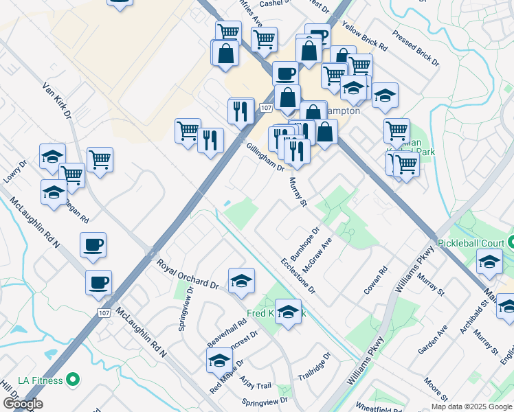 map of restaurants, bars, coffee shops, grocery stores, and more near 33 Tessler Crescent in Brampton