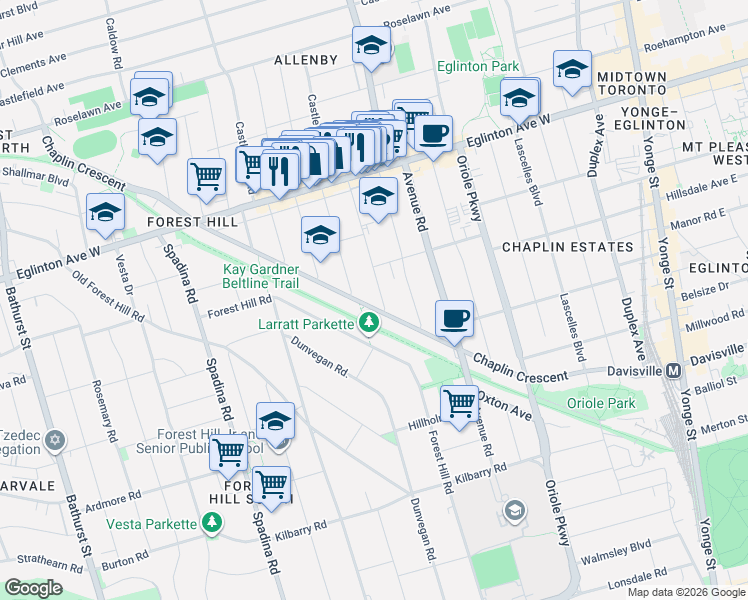 map of restaurants, bars, coffee shops, grocery stores, and more near 222 Chaplin Crescent in Toronto