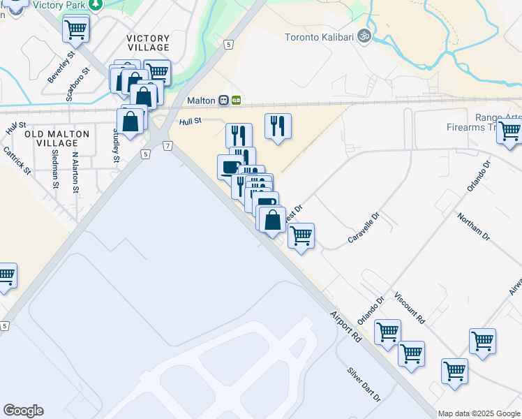 map of restaurants, bars, coffee shops, grocery stores, and more near 6795 Airport Road in Mississauga