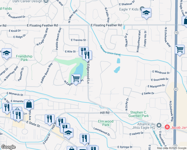 map of restaurants, bars, coffee shops, grocery stores, and more near 638 North Edgewood Lane in Eagle
