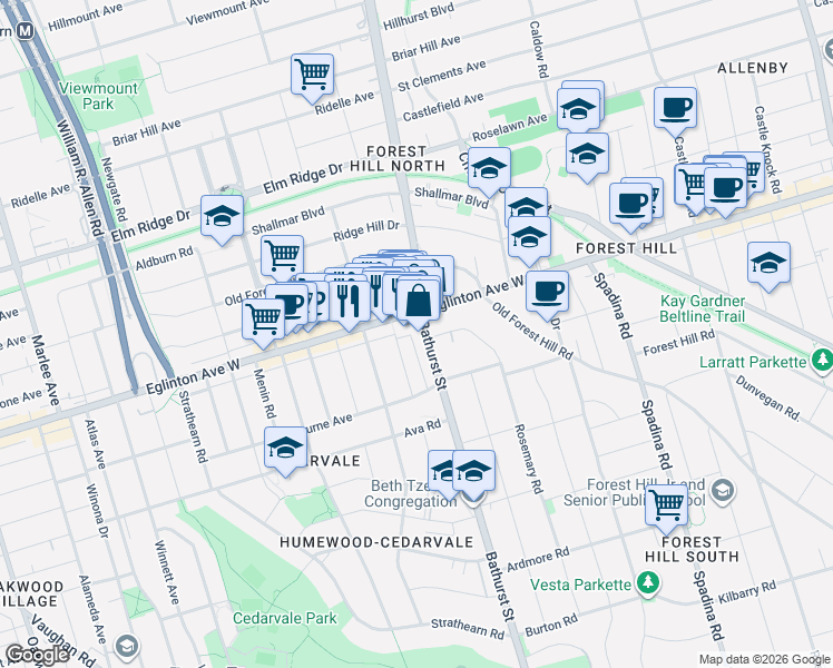 map of restaurants, bars, coffee shops, grocery stores, and more near 2010 Bathurst Street in Toronto