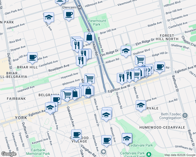 map of restaurants, bars, coffee shops, grocery stores, and more near 115 Whitmore Avenue in Toronto