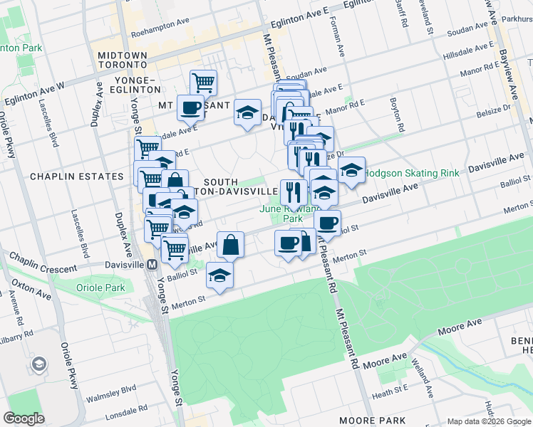 map of restaurants, bars, coffee shops, grocery stores, and more near 16 Acacia Road in Toronto