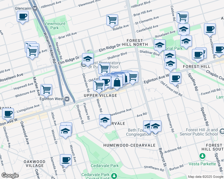 map of restaurants, bars, coffee shops, grocery stores, and more near 1004 Eglinton Avenue West in Toronto