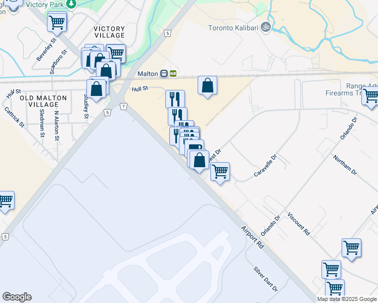 map of restaurants, bars, coffee shops, grocery stores, and more near 6795 Airport Road in Mississauga