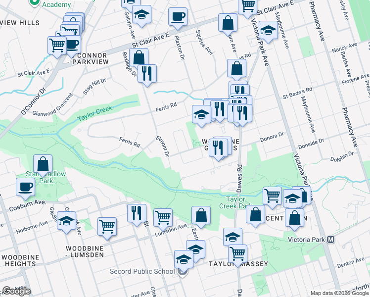 map of restaurants, bars, coffee shops, grocery stores, and more near 35 Munford Crescent in Toronto