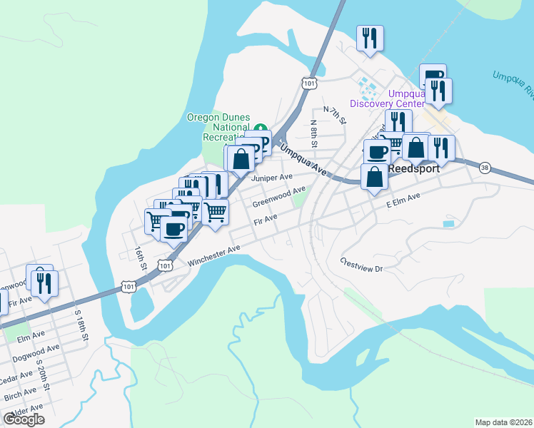 map of restaurants, bars, coffee shops, grocery stores, and more near 1009 Fir Avenue in Reedsport