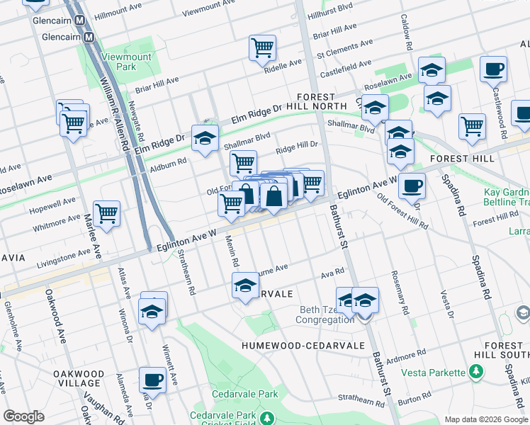 map of restaurants, bars, coffee shops, grocery stores, and more near in Toronto
