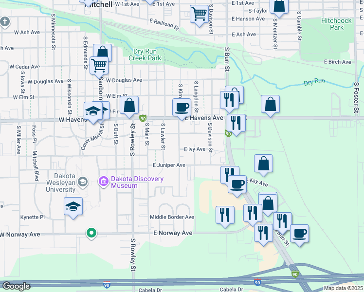 map of restaurants, bars, coffee shops, grocery stores, and more near 313 East Hackberry Avenue in Mitchell