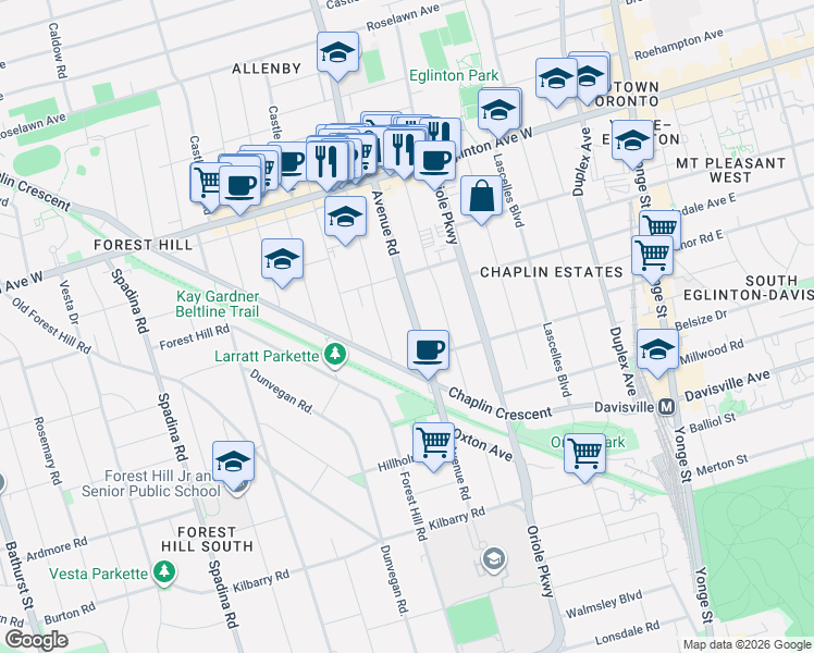 map of restaurants, bars, coffee shops, grocery stores, and more near 900 Avenue Road in Toronto