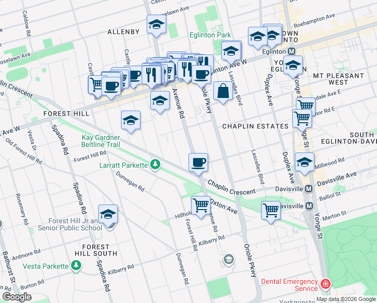 map of restaurants, bars, coffee shops, grocery stores, and more near 900 Avenue Road in Toronto